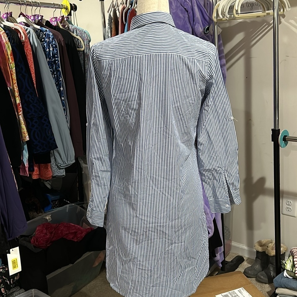 Striped Embroidered Button-down Blouse Tunic Dresa - Picture 3 of 10